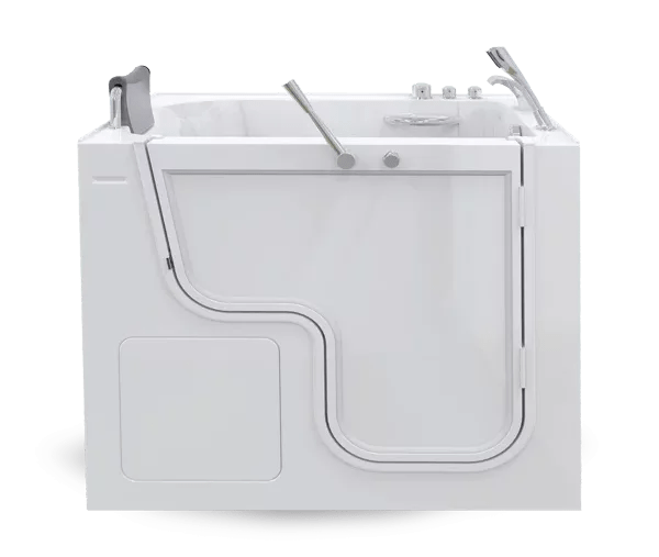 Walk-in bathtub with door open showing low-entry threshold and grab bar