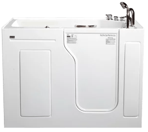 Walk-in bathtub with fixtures — compact design